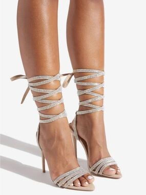 ShoeDazzle Strappy Crystal Lace-Up High Heel Sandals in Beige